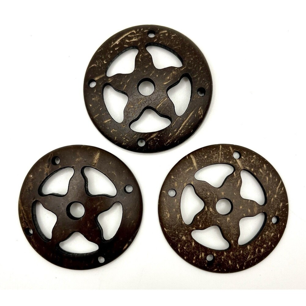 Coconut Shell Button Star Wheel Set of 3 2" Wide Brown Natural